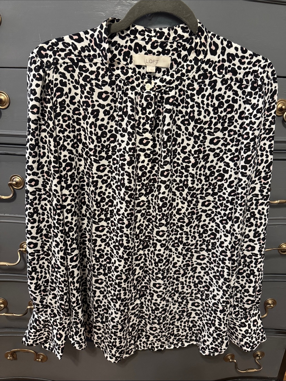 LOFT Black and White Leopard Print Button-Up Top